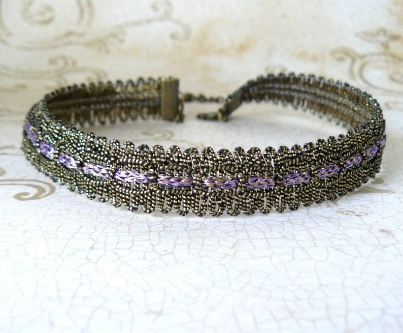 Gold Metallic Choker, Lavender and Bronze Vintage Style Ribbon Necklace, Gothic Jewelry, Victorian Inspired Romantic Jewelry image 2