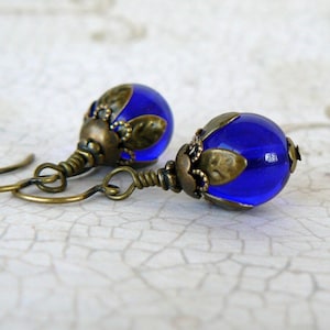 Dark Blue Earrings, Cobalt Beaded Dangles, Blue Glass Bead with Antique Brass, Vintage Style Romanic Jewelry, Dark Blue Dangle Earrings