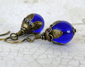 One Lot of 15 Antique Rare Large European Cobalt Color Glass Beads 24-27 mm