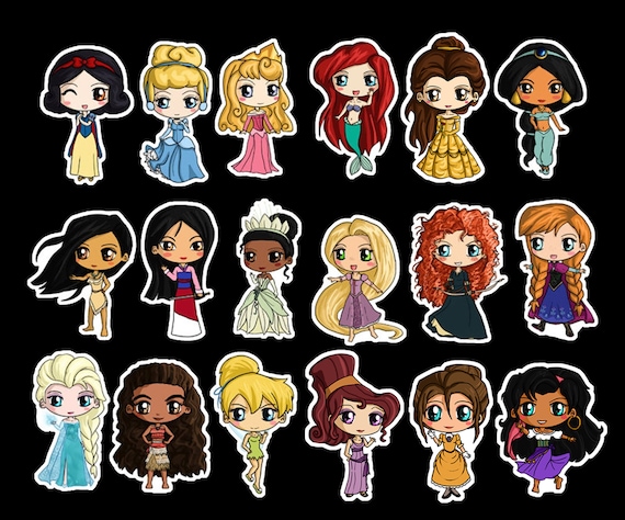 Autocollants Disney Princess - Autocollants Disney Princess Chibi -- Chibi  Blanche-Neige, Cindrella, Moana, Ariel, Belle, Raiponce, Tiana et plus