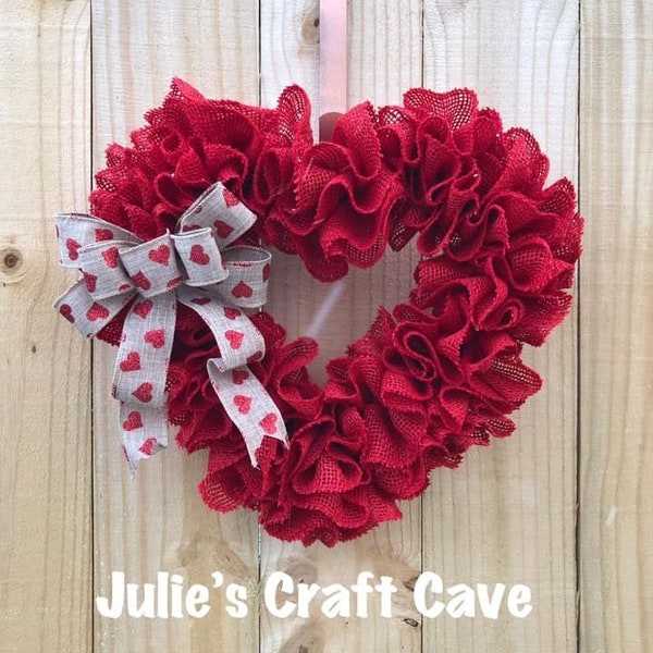 Valentine Wreath, Burlap Heart Wreath, Red Burlap Wreath, Ruffle Burlap Wreath, Front Door Wreath