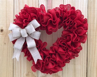 Valentine Wreath, Burlap Heart Wreath, Red Burlap Wreath, Ruffle Burlap Wreath, Front Door Wreath