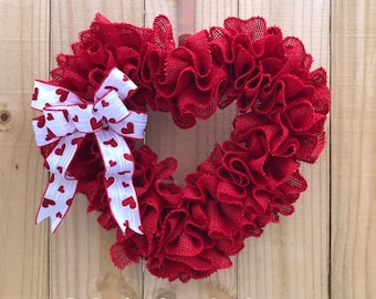 Valentine Wreath, Burlap Heart Wreath, Red Burlap Wreath, Ruffle Burlap Wreath, Front Door Wreath