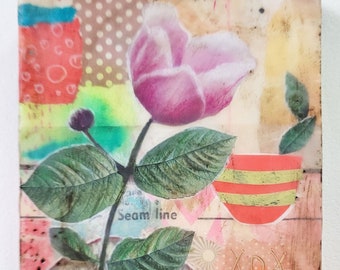 Growing On The Seam Line - Original Mixed Media Encaustic Painting - Flowers - Nature - Wax - Floral Greeting - Collage - Still Life - Flowers