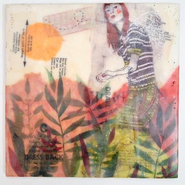 Ange gardien - Original Mixed Media Encaustic Painting Collage Storyart Wood Friend Walk Plantes Ailes Cire d’abeille Soleil Redhair Cadeau Waxart Vert