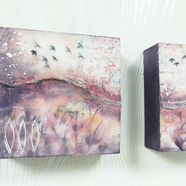 New Sunrise - Original Mixed Media Encaustic Gemälde - bird - nature - landscape - wax -  Diptychon - gift  - storyart