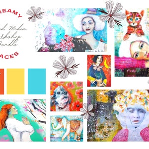DREAMY FACES English Online Workshop Mixed Media Storytelling Paint Over Collage Art Journaling Animals Intuitive Painting image 1