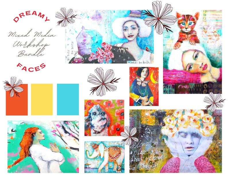 DREAMY FACES English Online Workshop Mixed Media Storytelling Paint Over Collage Art Journaling Animals Intuitive Painting image 1