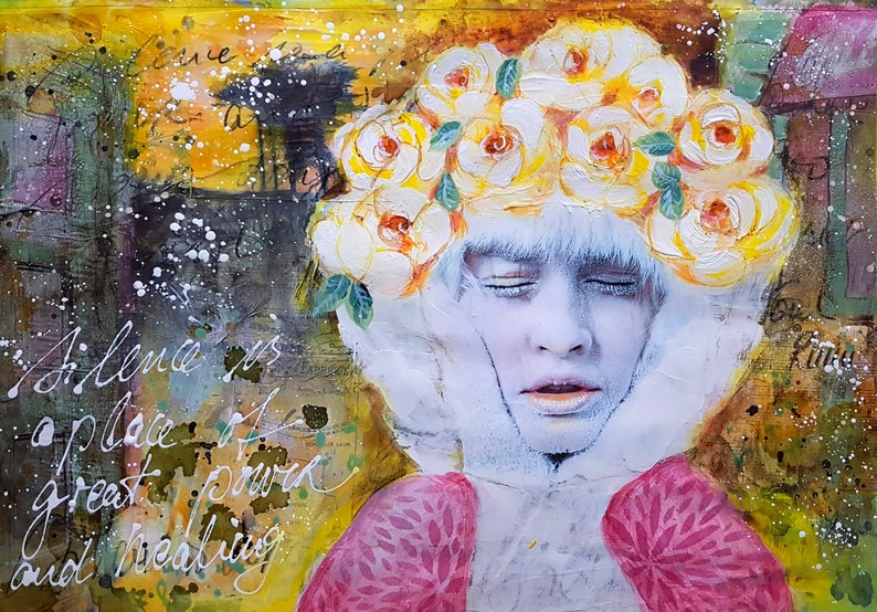 DREAMY FACES English Online Workshop Mixed Media Storytelling Paint Over Collage Art Journaling Animals Intuitive Painting image 5