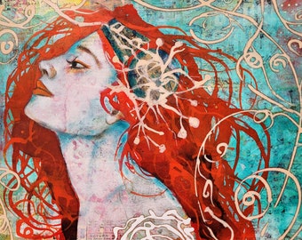 Everything in Flow - Original Mixed Media Painting Alfons Mucha Inspired Red Hair art for your home Art Gift Abstract