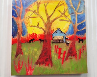 Home - Original mixed media painting horses home sun art for your home art gift abstract atmospheric sunset