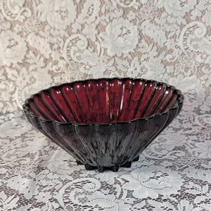 Vintage Ruby Red Glass Bowl With Scalloped Edges Ribbed Design