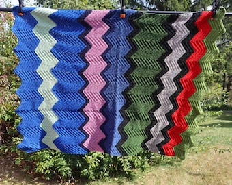 Manta afgana vintage con estampado en zigzag, multicolor, hecha a mano, tejida a ganchillo.