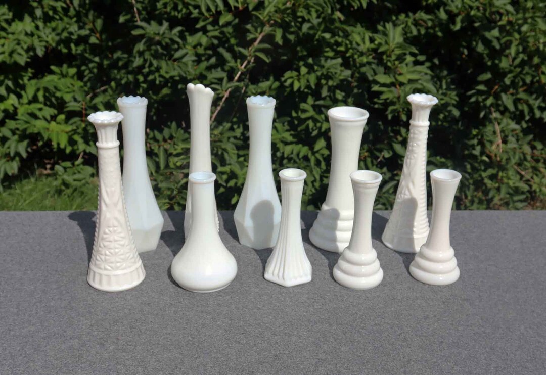 Vintage White Milk Glass Vases 10 Piece Collection, Milk Glass, White