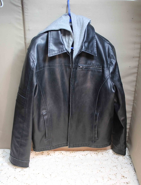 Guess Jacket Mens Black Faux Leather Lined with Detachable Hoodie Etsy UK