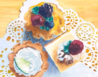 3 dessert tarts watercolor print