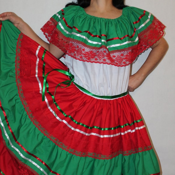 Tricolor peasant  Mexican lace dress off shoulder cinco de mayo costume one size fits all