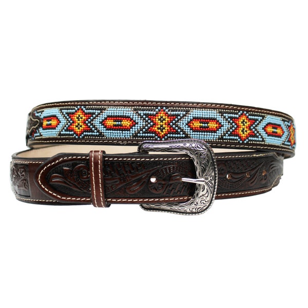 Handcrafted Western Cowgirl Cowboy Belt Hand Tooled Western Style Beaded Belt Cinto Vaquero 100% Genuine Leather