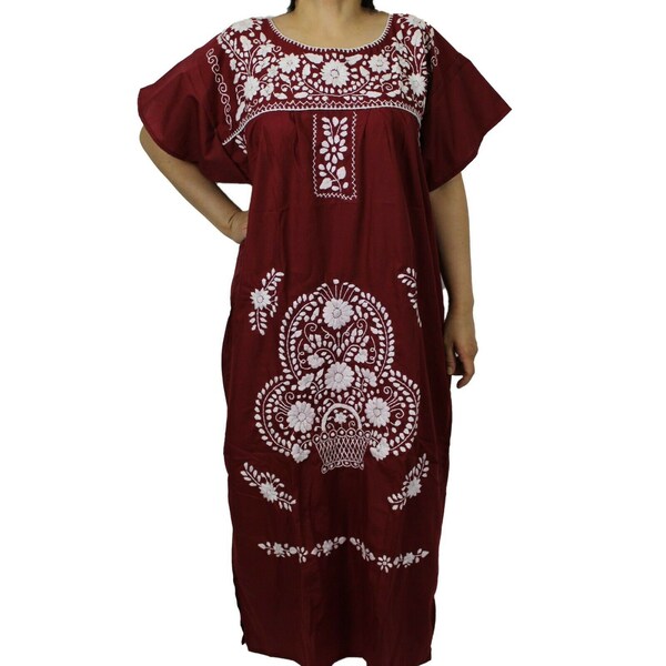 Burgundy White Peasant Mexican Dress Tunic Boho Hand Embroidered Puebla Dress Assorted Designs