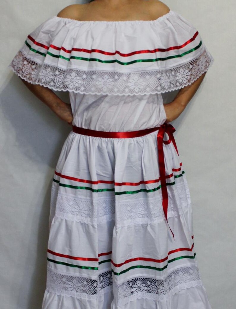 Tricolor Peasant Mexican Lace Dress off Shoulder Cinco De Mayo Etsy