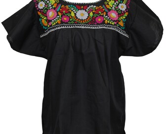 Hippie Style Peasant Tunic Mexican Hand Embroidered Blouse Top Womens