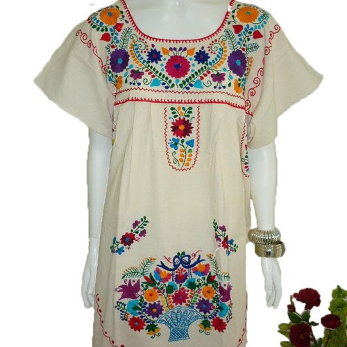 100 Cotton Manta Puebla Mexican Dress Peasant Hand Etsy