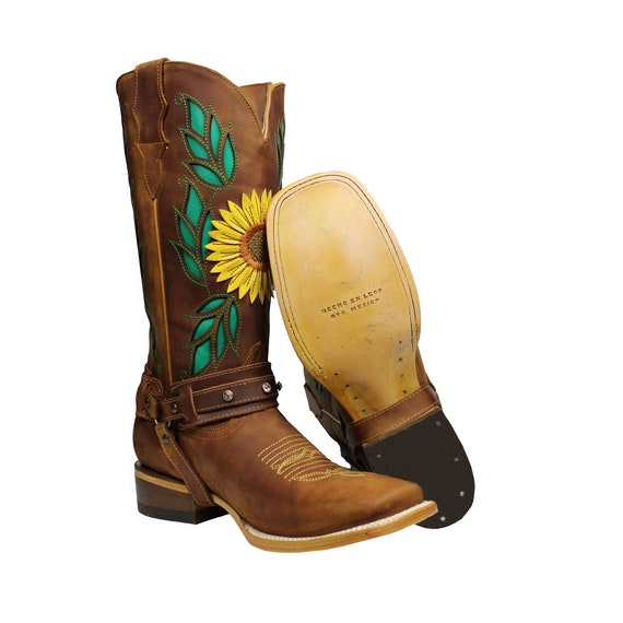 Handcrafted Sunflower Genuine Leather 3D Western Cowgirl Boots Square Botas  Vaqueras 3D Girasol -  Norway