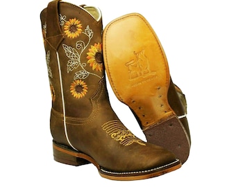 Handcrafted Kids Little Girl Sunflower 100% Leather Western Cowgirl Boots Botas Girasol