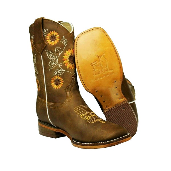 Handcrafted Kids Little Girl Sunflower 100% Leather Western Cowgirl Boots Botas Girasol