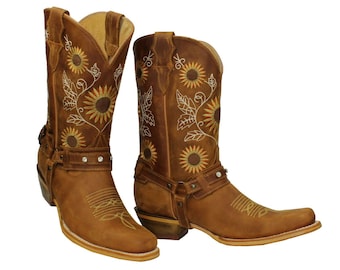 Handcrafted Sunflower Genuine Leather Western Cowgirl Boots Snip Toe Botas Vaqueras Girasol