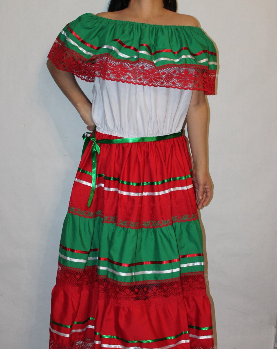 Tricolor peasant Mexican lace dress off shoulder cinco de | Etsy
