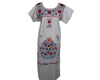 Puebla Mexican Dress Peasant  Hand Embroidered Vintage Style Tunic