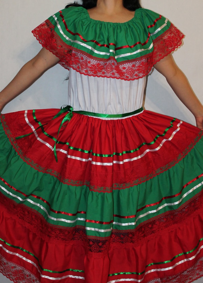 Tricolor Peasant Mexican Lace Dress off Shoulder Cinco De Mayo Etsy