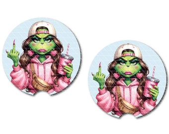 Green Girl with Attitude Car Cup Coasters | Set of 2 Coasters | Optional Personalization