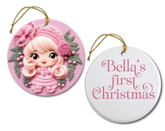 Personalized Crochet Look Pink Little Girl Christmas Ornament