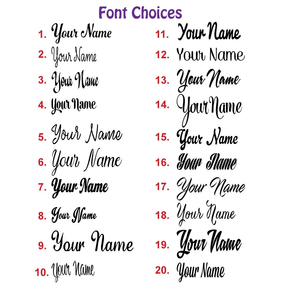 Personalized Name Script Fonts Iron on Vinyl Decal - 20 Fonts to Choose ...