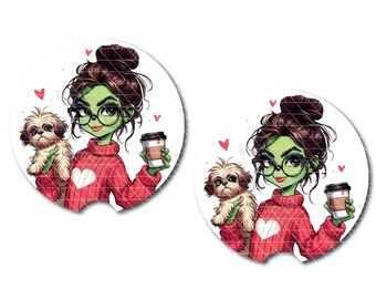 Green Girl with Coffe & Dog Car Cup Coasters | Set of 2 Coasters | Optional Personalization