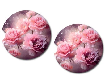 3D Look Pink Flower Car Cup Coasters | Set of Two Coasters