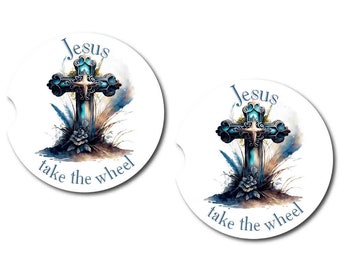 Jesus Take the Wheel Cross Car Coasters | Set of 2 Coasters #JWB