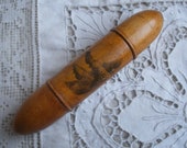 Mauchline ware etui, sewing case, thimble, thread winder, needle case, Lyme Regis
