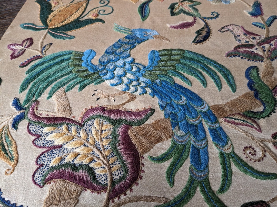Vintage Crewel Work Embroidery With Bird Etsy