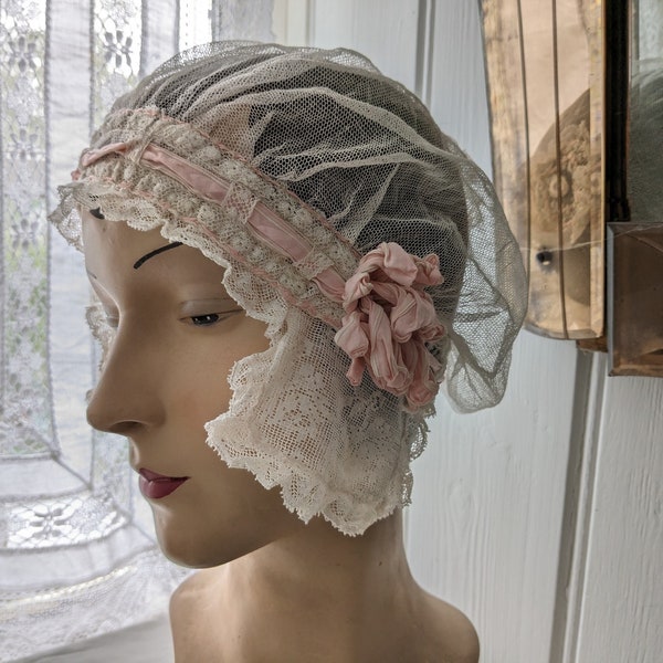 1920s lace boudoir cap with ribbon flower trim