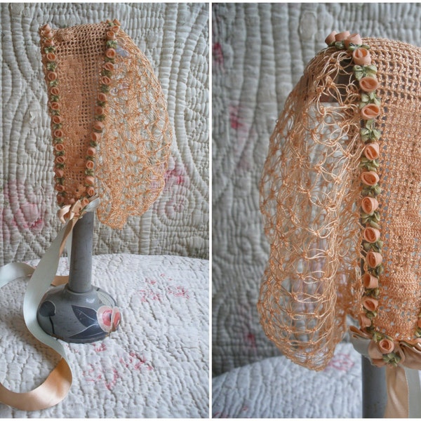 Child's vintage bonnet cap c1920s, ribbon rose trim ~peach crochet & ribbonwork braid, doll