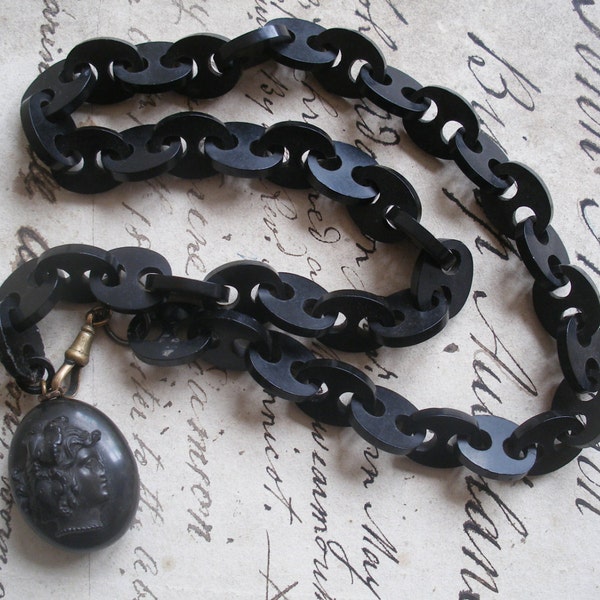 Antique Victorian Vulcanite chain necklace & locket