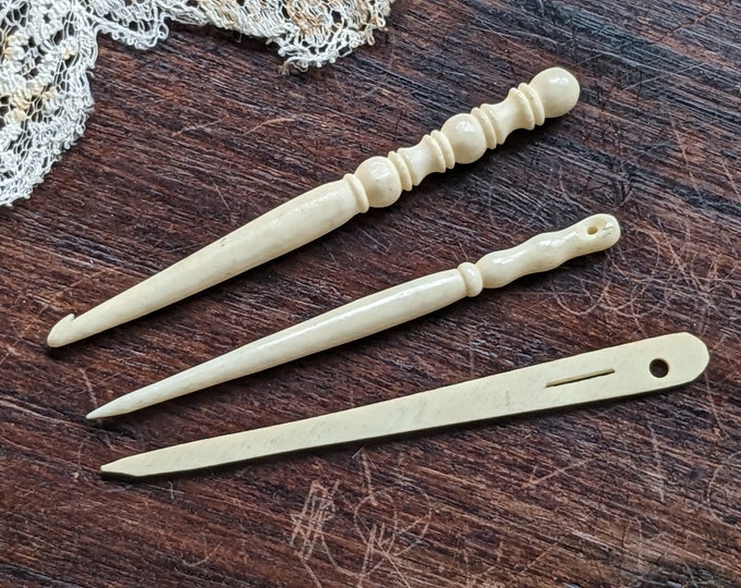 3 Antique Carved Bone Tools, Awl, Crochet Hook, Bodkin Etsy