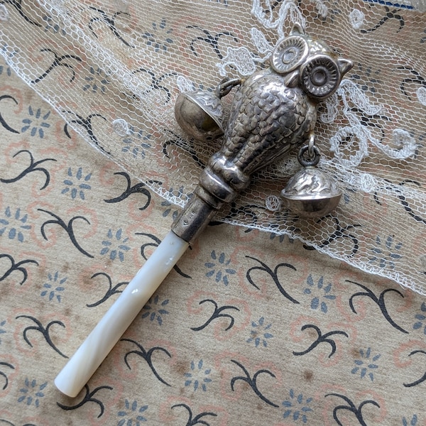 Silver owl baby rattle for doll or teddy display