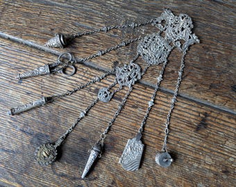 Original antique chatelaine, silver metal with belt clip, pin cushion, thimble holder etc