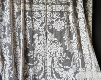 Antique French lace bed cover, filet lace