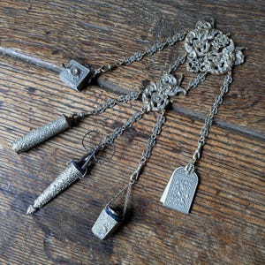 Original antique chatelaine, silver metal with belt clip, scissors, thimble holder etc