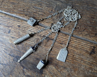 Original antique chatelaine, silver metal with belt clip, scissors, thimble holder etc
